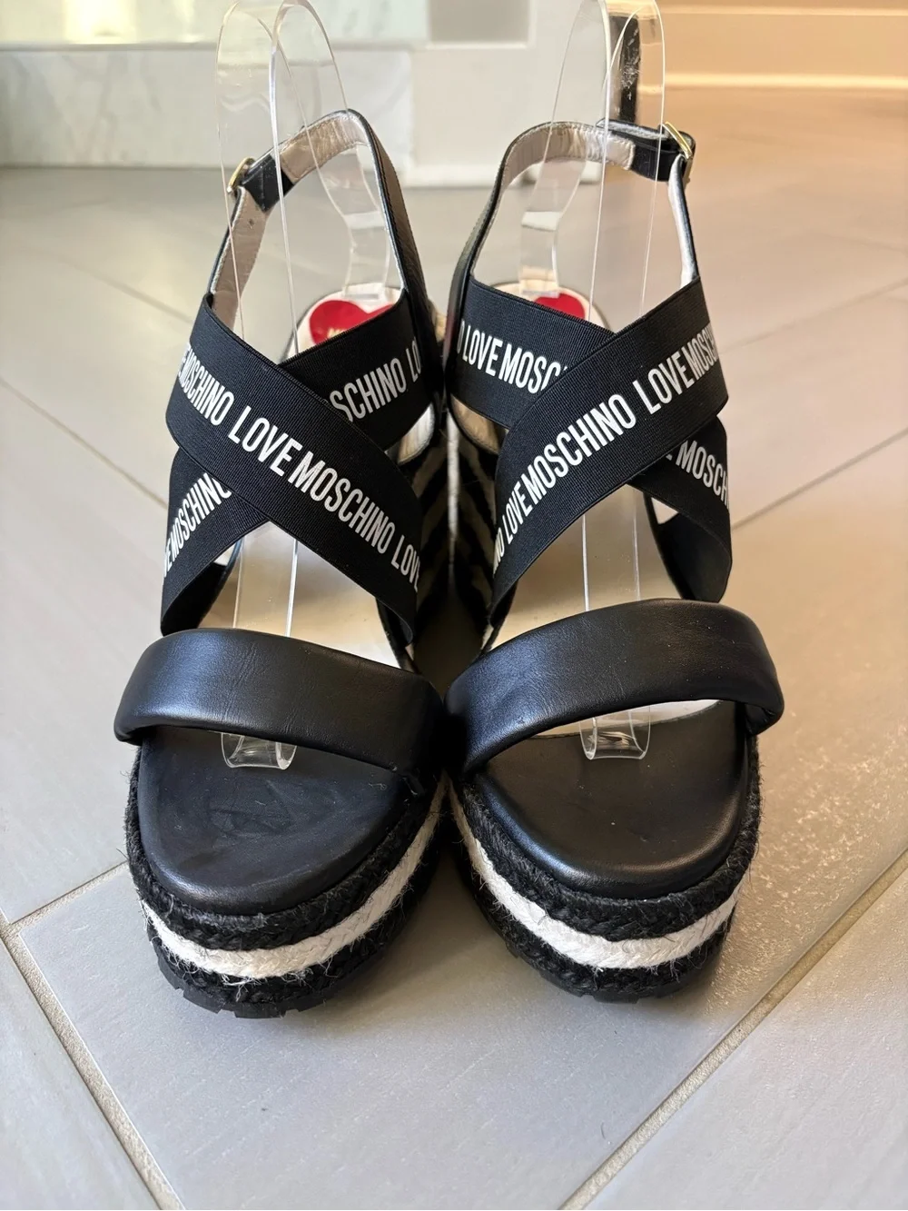 Love Moschino Black and White Logo Wedge Sandals